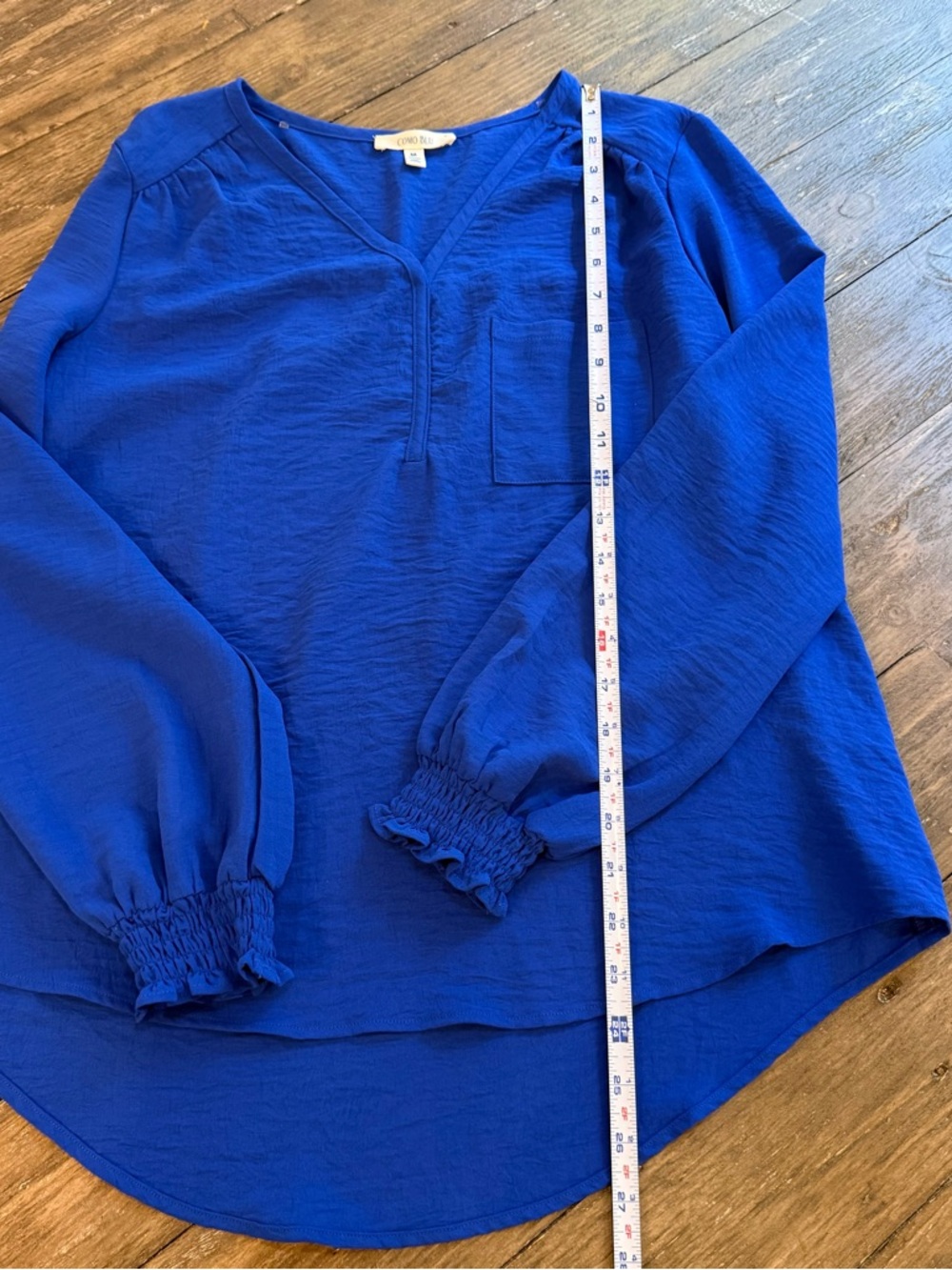 Como Blu Medium Royal Blue Satin Blouse Long Sleeve Smocked Cuff Hi-Low Top - Picture 9 of 10